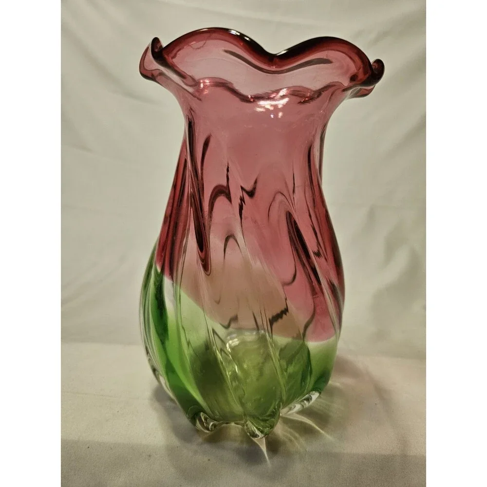 Vintage Hand Blown Teleflora Watermelon Pink Green Swirl Scallop Glass 8